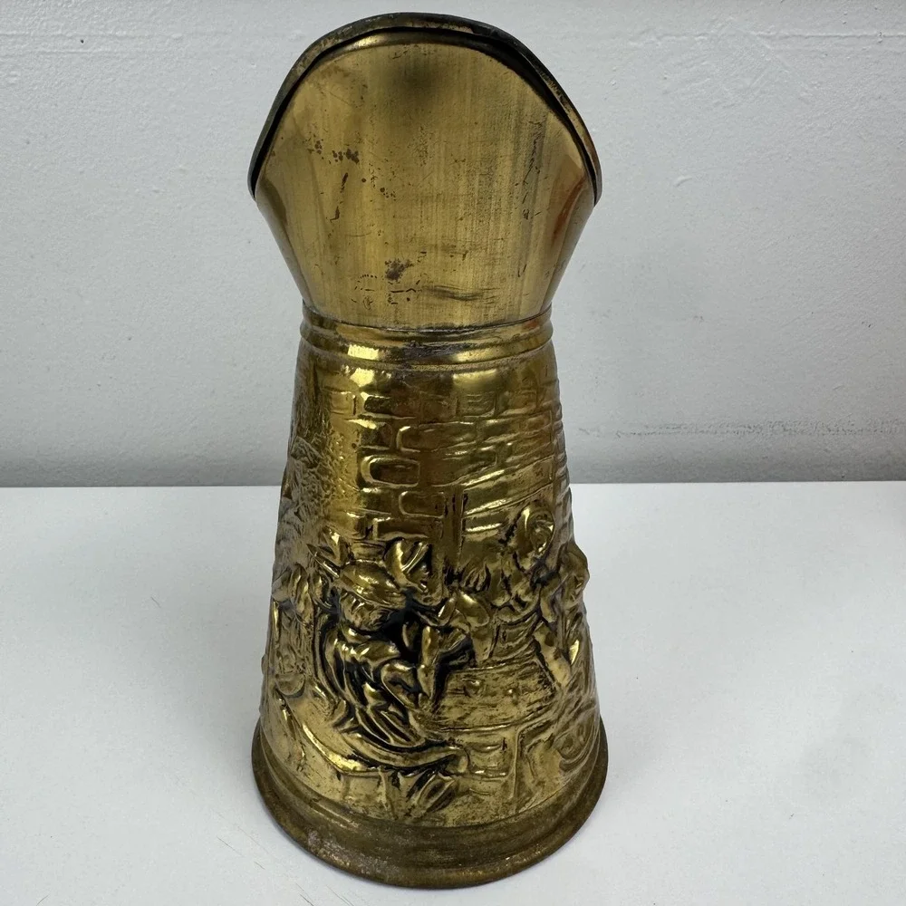 Vintage Brass Water Pitcher Jug Embossed Tavern Scene Made In Holland Decor‎